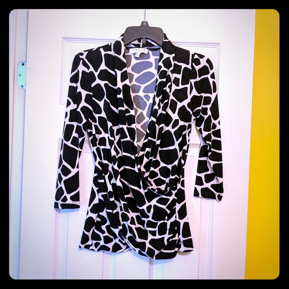 NYC Print Faux Wrap Blouse (S) EUC